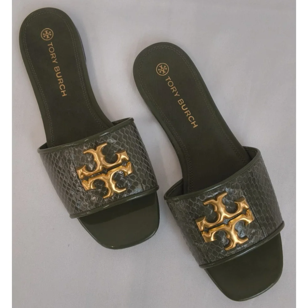 Tory Burch Eleanor Size 9.5M Stamped Snake Leather Green Gold Logo Flats #W5191